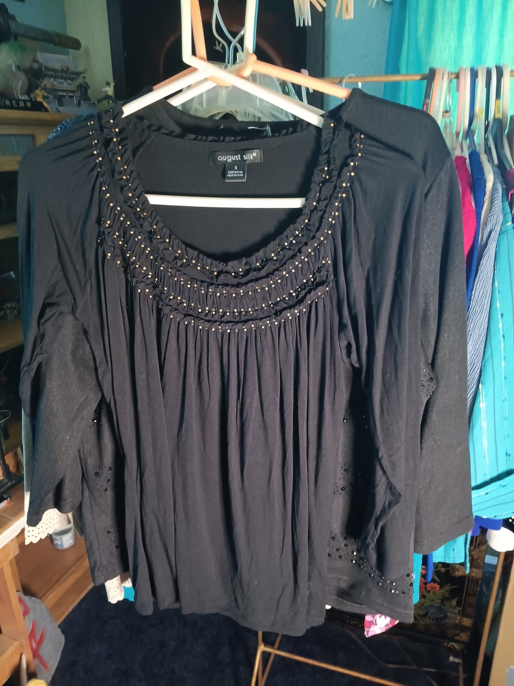 august silk Black Beaded Scoop-Neck Women's Blouse